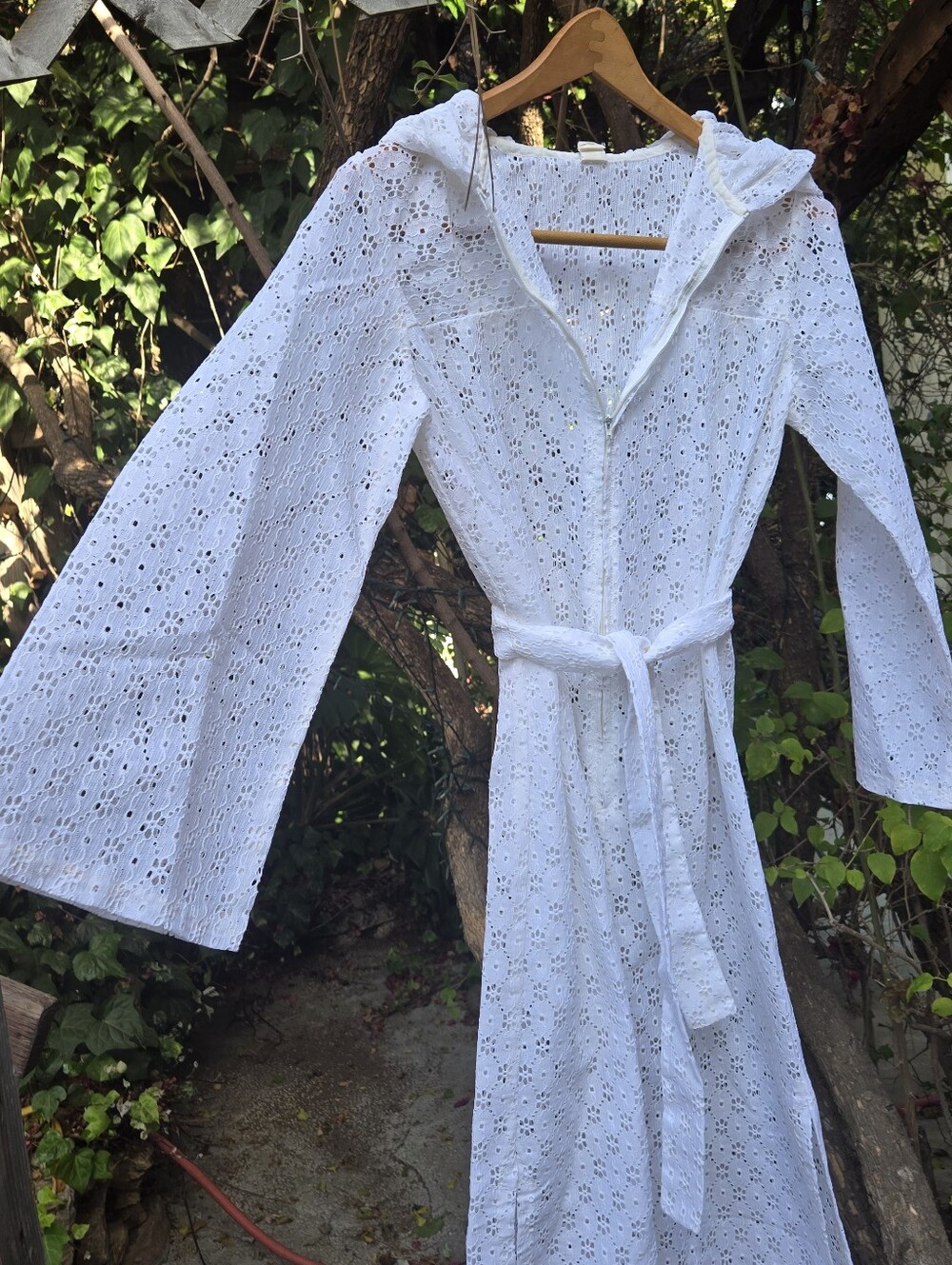 Vintage 70s White Eyelet Caftan Dress with Hood S M